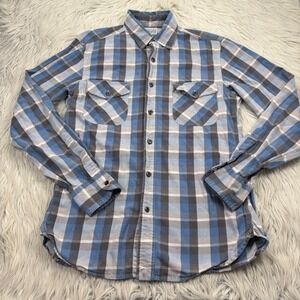 Vintage Y2K Lucky Brand Men's S Blue Gray Plaid Woven Cotton Button Front Shirt